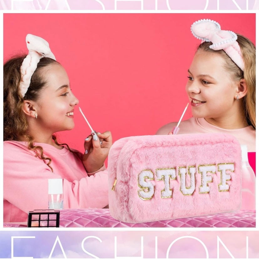 Pink or White Plush Makeup Bag with Glitter Lettering | TSA-Approved Cosmetic Bag