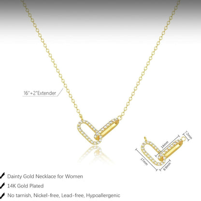 Dainty 14k Vermeil Gold Diamond Encrusted Double Link Minimalist Pendant Necklace