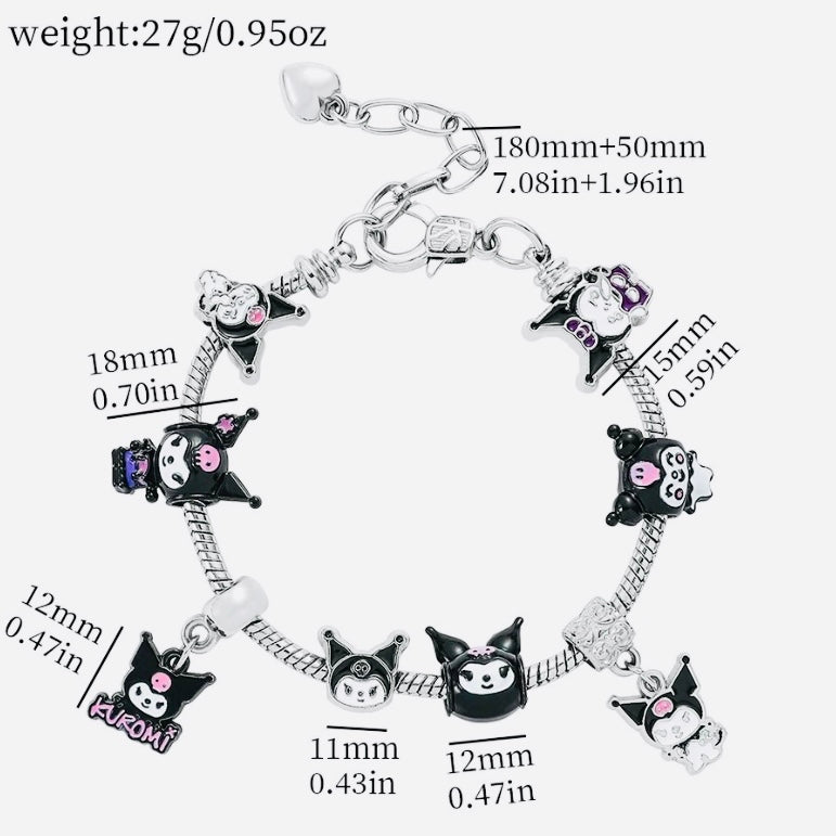 Sanrio Kuromi  Kawaii Hello Kitty Charm Solid 925 Silver Bracelet with 3 inch extender
