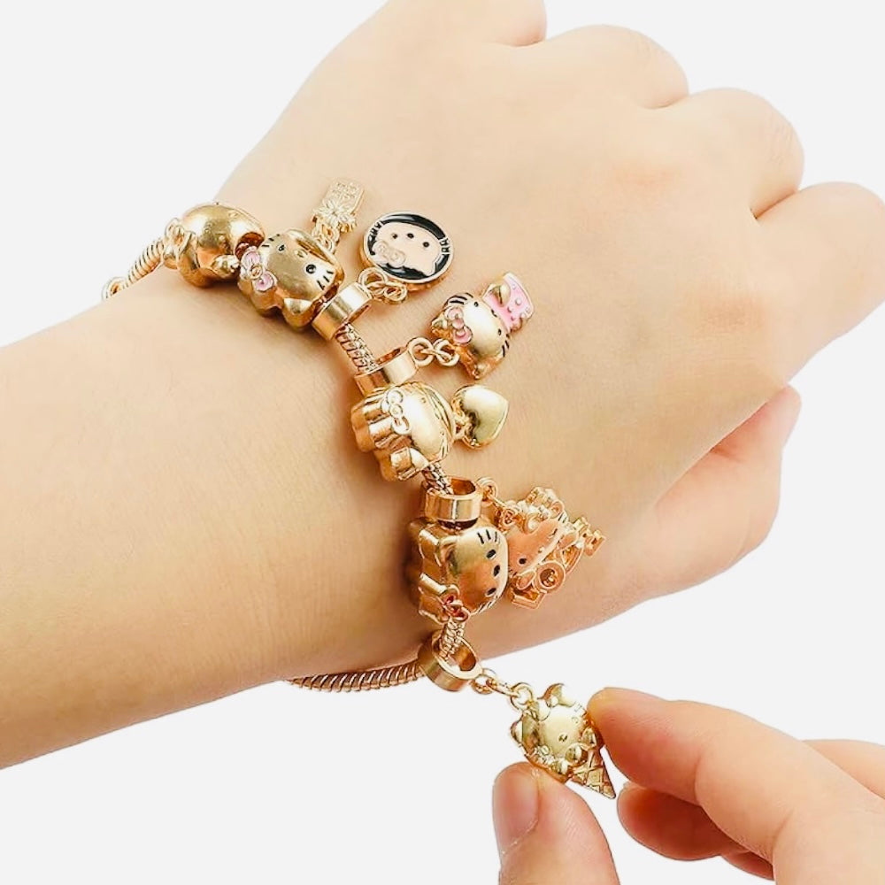 Hello Kitty Gold Charm Bracelet with Cupcake and Teapot | Cute and Collectible Jewelry