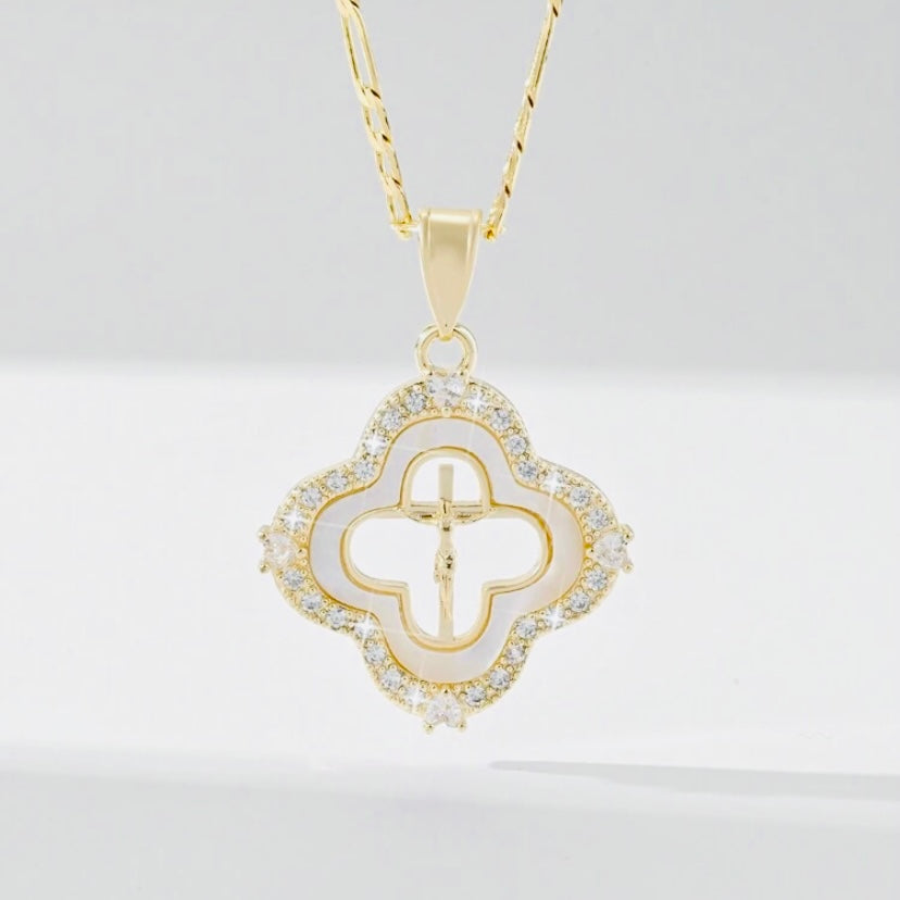 14k Vermeil Gold Cross Necklace with Mother of Pearl Shell & Crystal Studded Accents