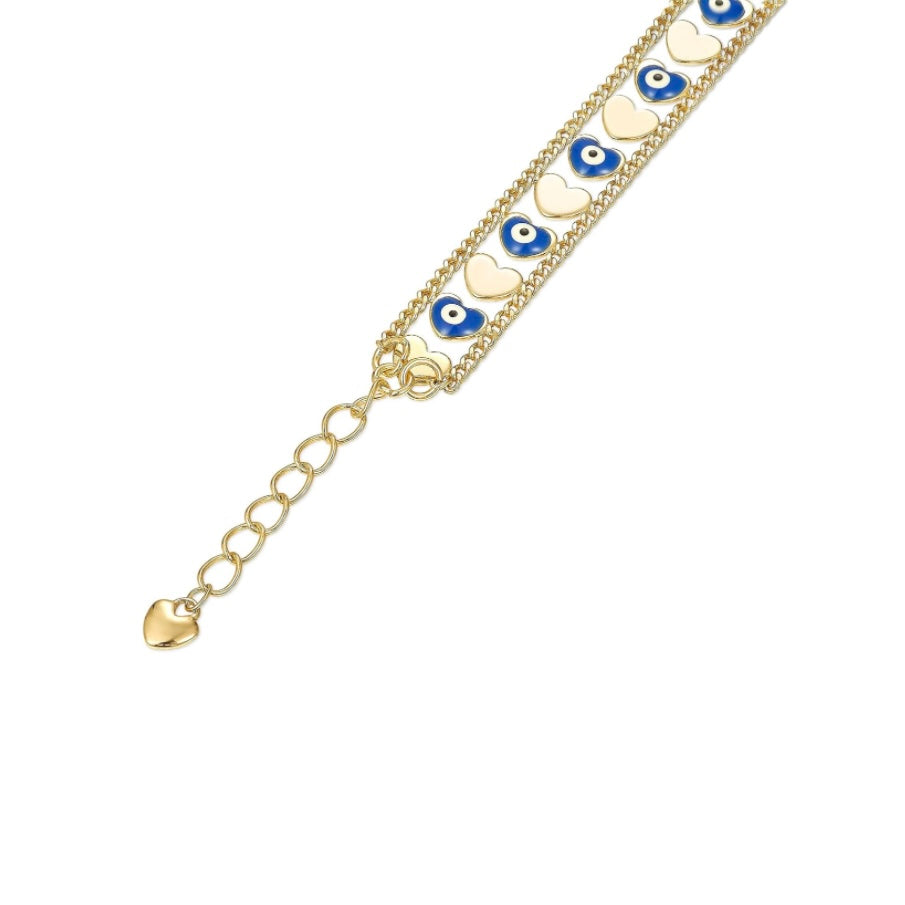 Evil Eye Heart Gold Chain Link Adjustable Hypoallergenic Bracelet, Good Positive Energy, Fortune