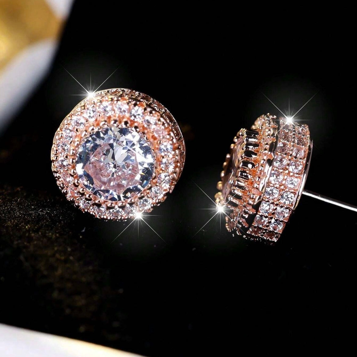 14k Vermeil Rose Gold Hypoallergenic Cubic zirconia & Sapphire Encrusted Stud Earring set 