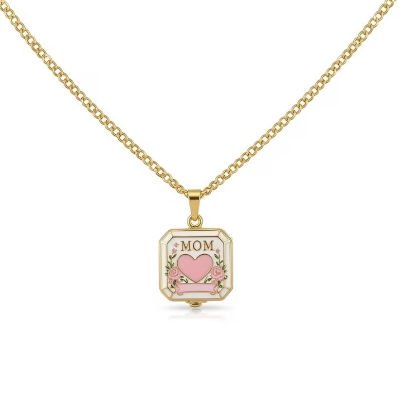 Gold Mom Gift Box Necklace – Pink Heart Locket Pendant for Mother’s Day, Birthdays Or Just Because
