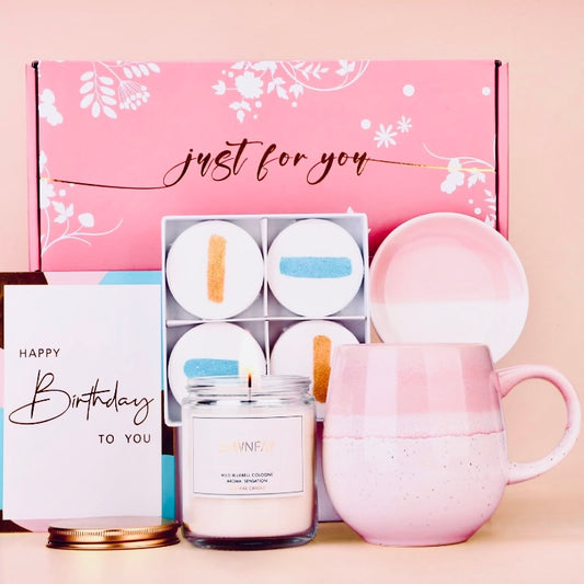 This birthday gift box features 4 shower steamers, One Soy Candle, One coffee Cup w/ Matching saucer and one piece of fine jewelry either a Pearl necklace or a sapphire turtle bracelet, this set also features a perfectly themed pink gift box, ribbon and a personal themed DIY hallmark gift card