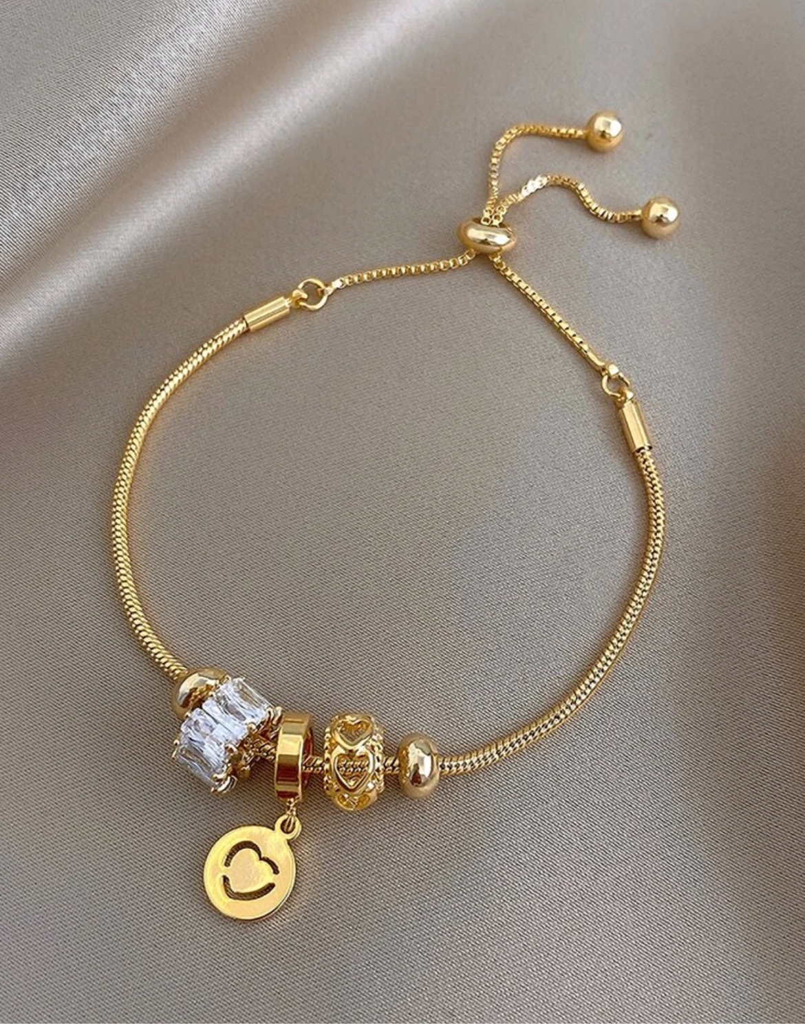 Elegant 14K Vermeil Gold Adjustable Bracelet with Heart and CZ Crystal Charms