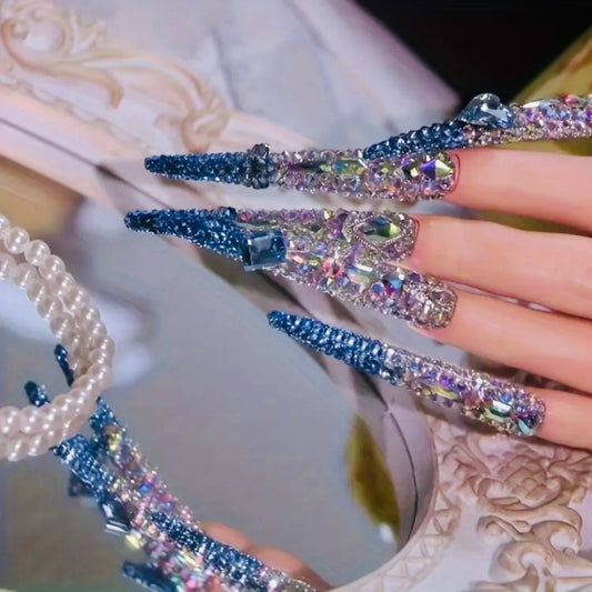 Blinged Out Long 3D Chrystal Coffin Style Reusable Press On Nails.