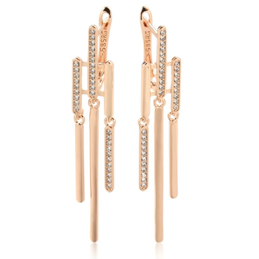 Ladies Elegant 14k 585 Pure Rose Gold Diamond Sapphire Minimalist Earrings 1 ctw.