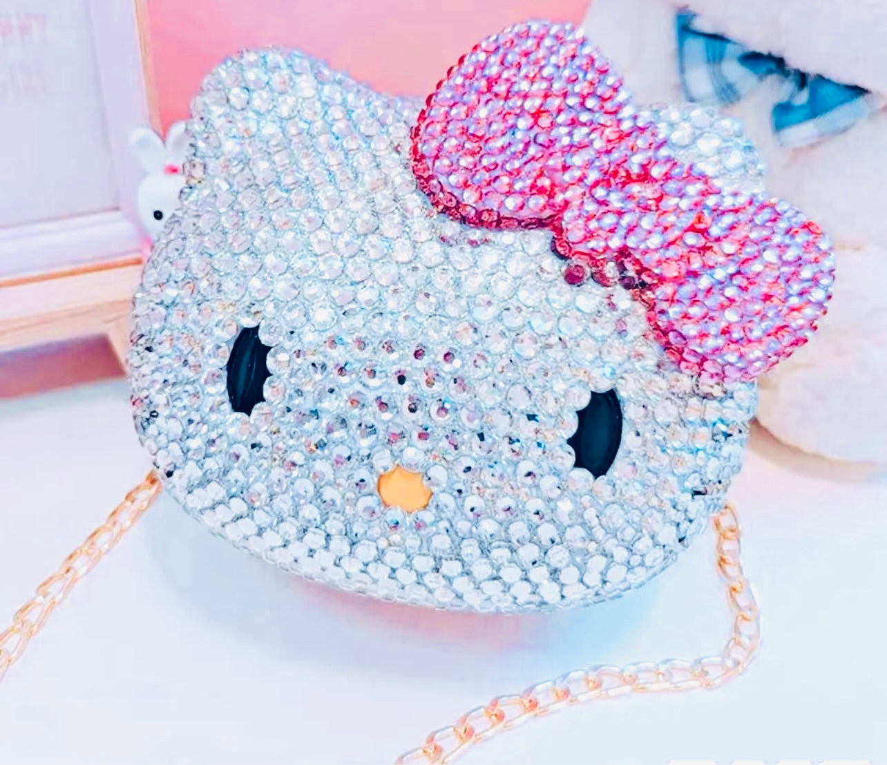 Kawaii Hello Kitty Crystal Sapphire Blinged Out Adjustable Cat Handbag, Evening Bag, Crossbody Bag | Limited Edition, Collectible