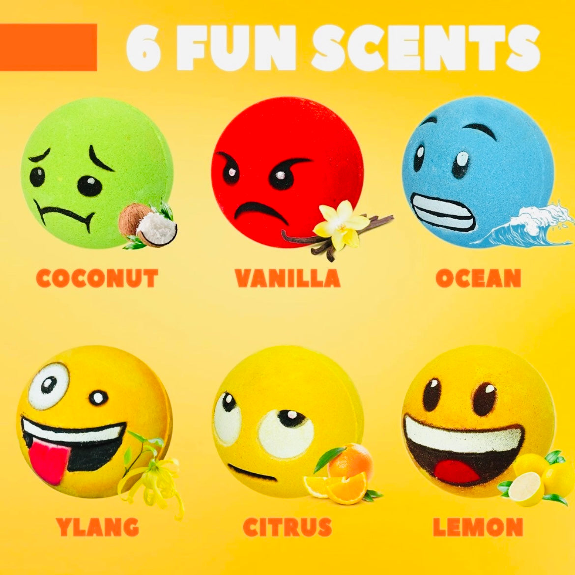 Emoji Bath Bombs for Kids & Adults – All-Natural, Vegan, Sensitive Skin Friendly, 6 Piece Fun Gift Set