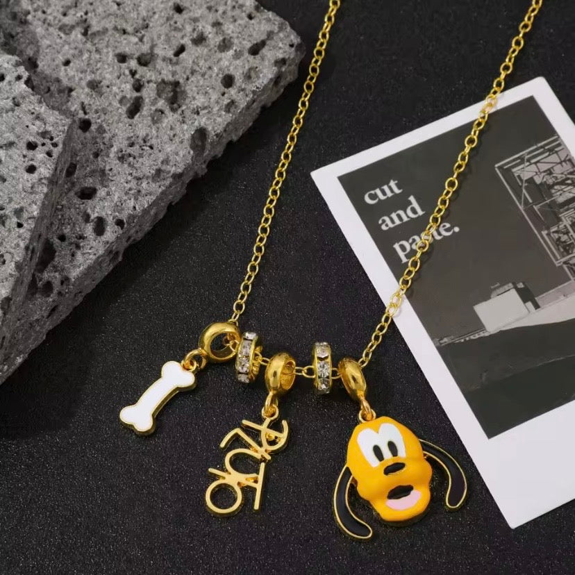 Cartoon Dog‑Character Charm Necklace with Bone & Crystal Accents – Collectible Yellow Dog Pendant