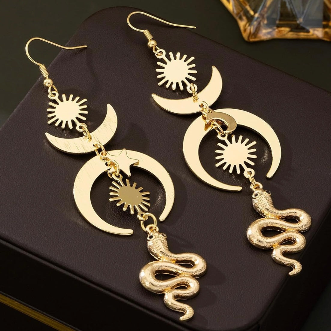Gold Celestial Snake Dangle Earrings – Mystical Moon & Star Jewelry for Bold Style