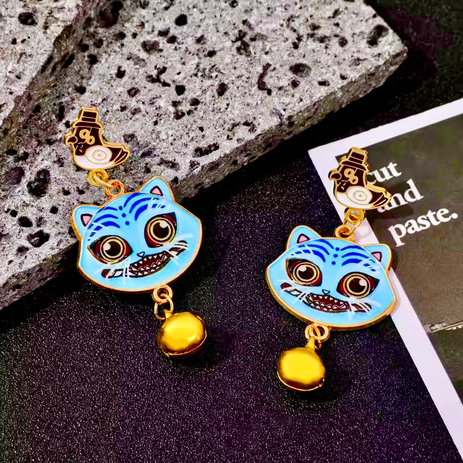 Kawaii Maneki‑Neko Lucky Cat Bell Earrings – Blue Fortune Cat Dangle Jewelry, Anime-Inspired Statement Earrings