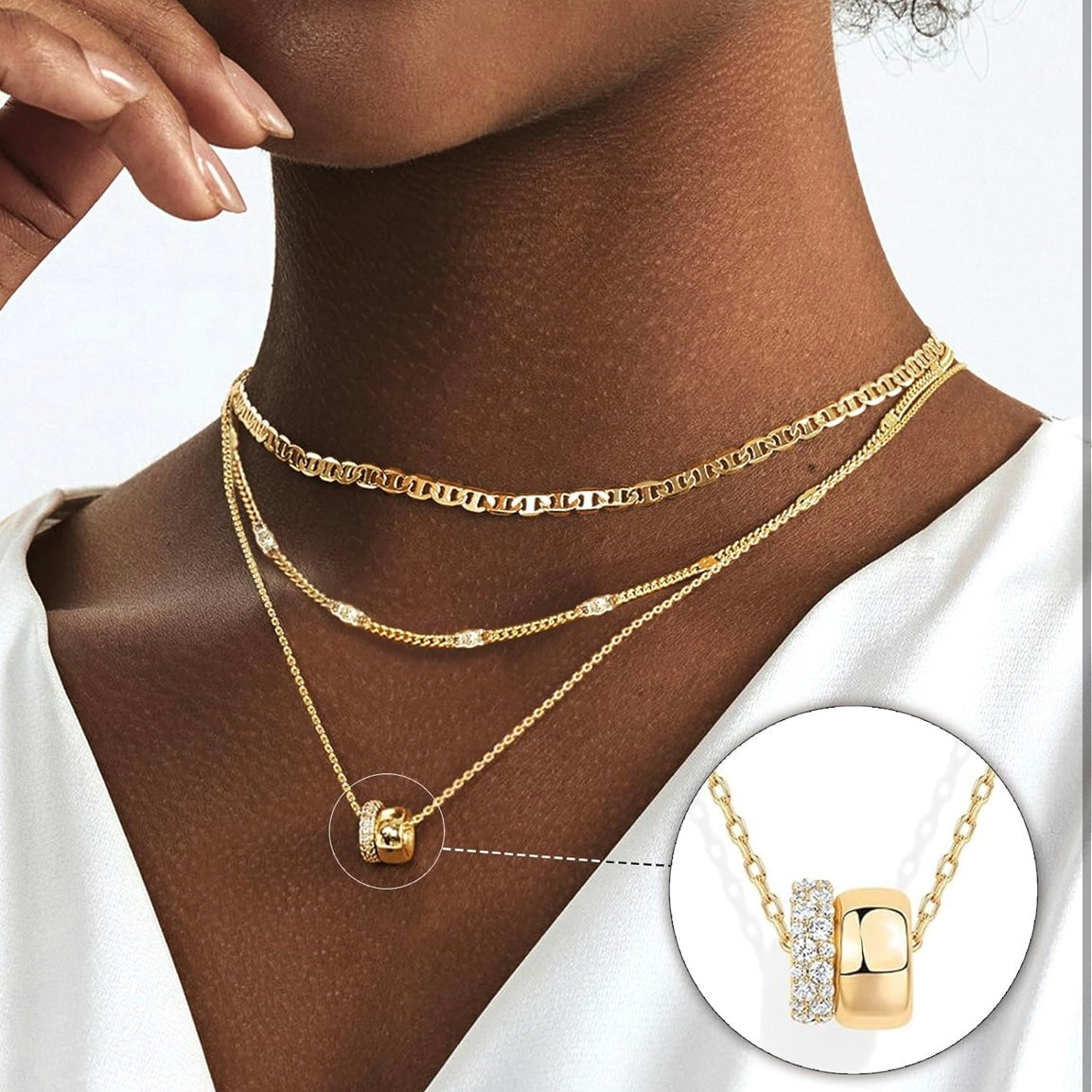 Layered 14k Vermeil Gold CZ Pendant Necklace Set - Choker, Beads, and Diamond Pendant for All Occasions