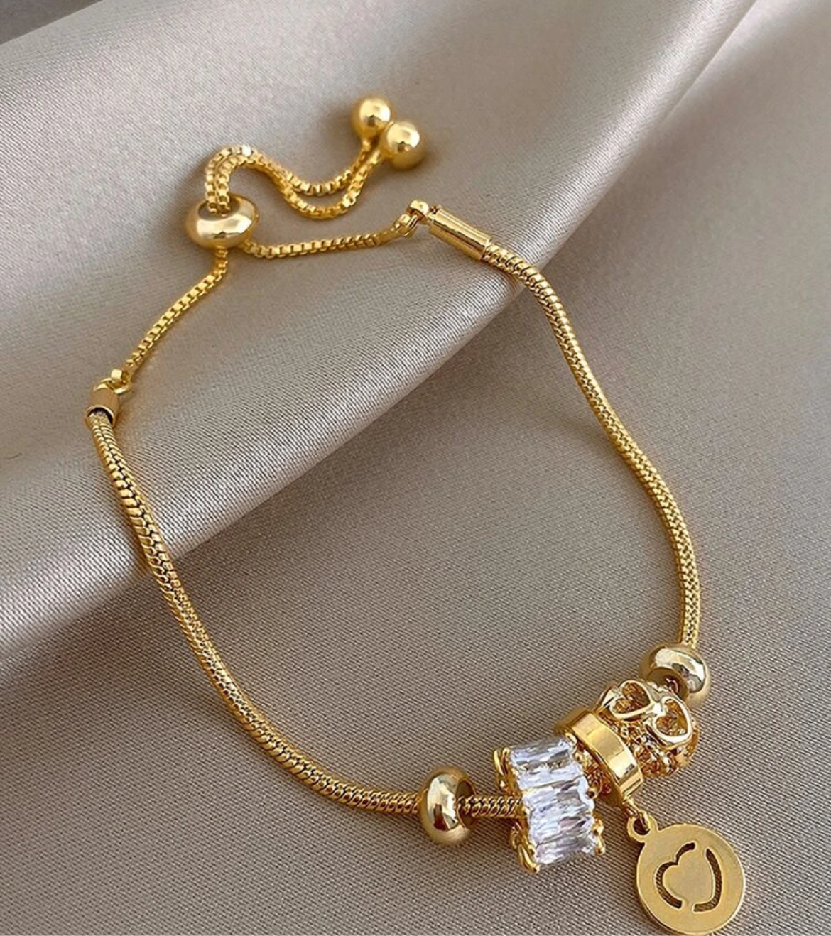 Elegant 14K Vermeil Gold Adjustable Bracelet with Heart and CZ Crystal Charms