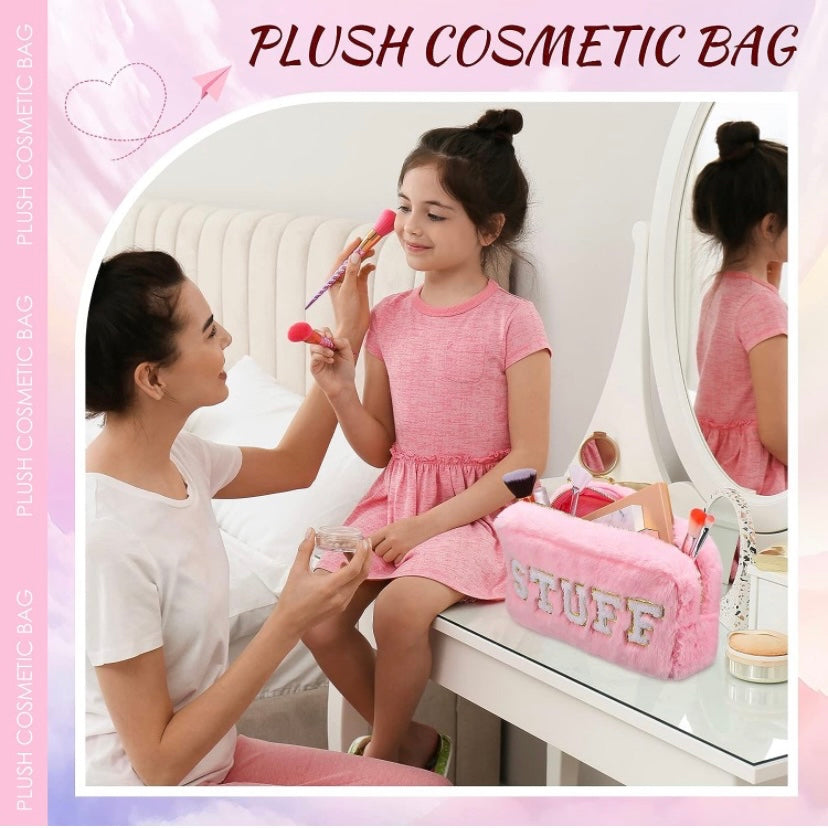 Pink or White Plush Makeup Bag with Glitter Lettering | TSA-Approved Cosmetic Bag