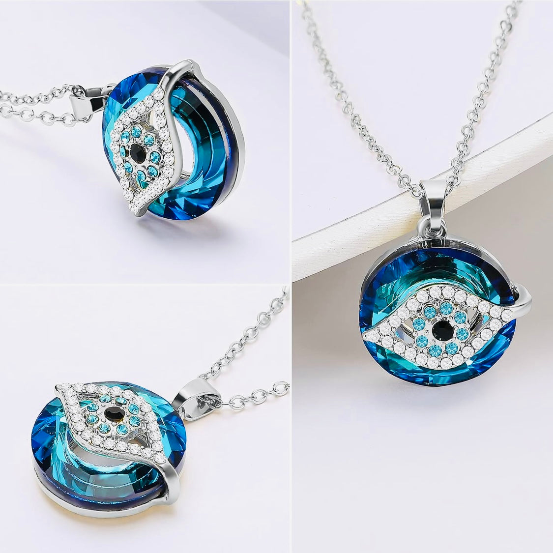 Luxury Indigo Blue Evil Eye Crystal Pendant Necklace – Sterling Silver Protection Jewelry