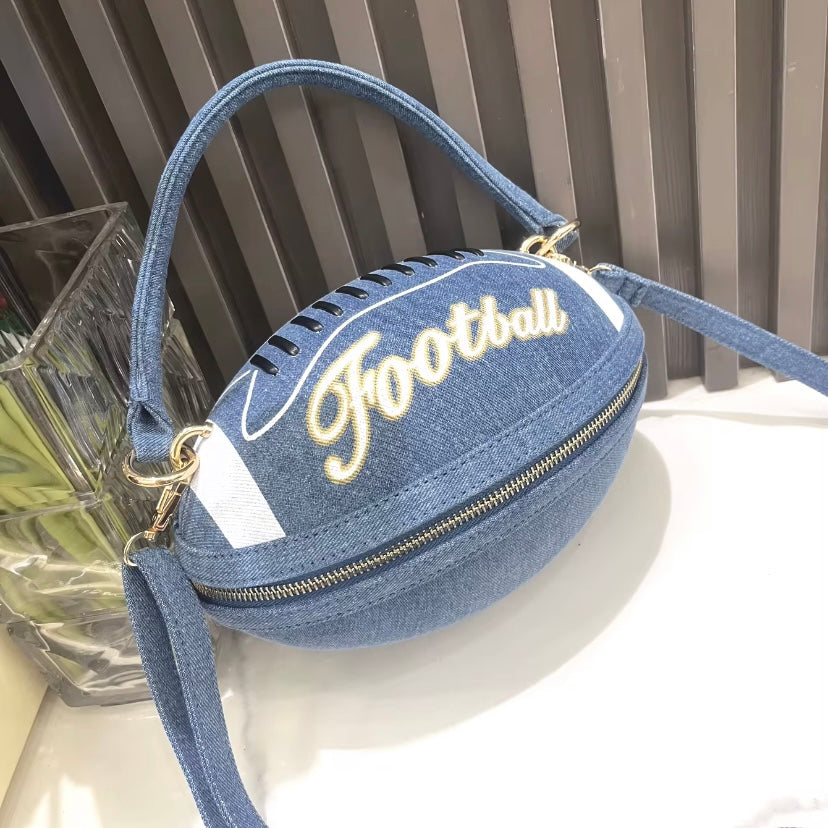 Denim Light Blue Football Handbag - Trendy Sports-Inspired Accessory
