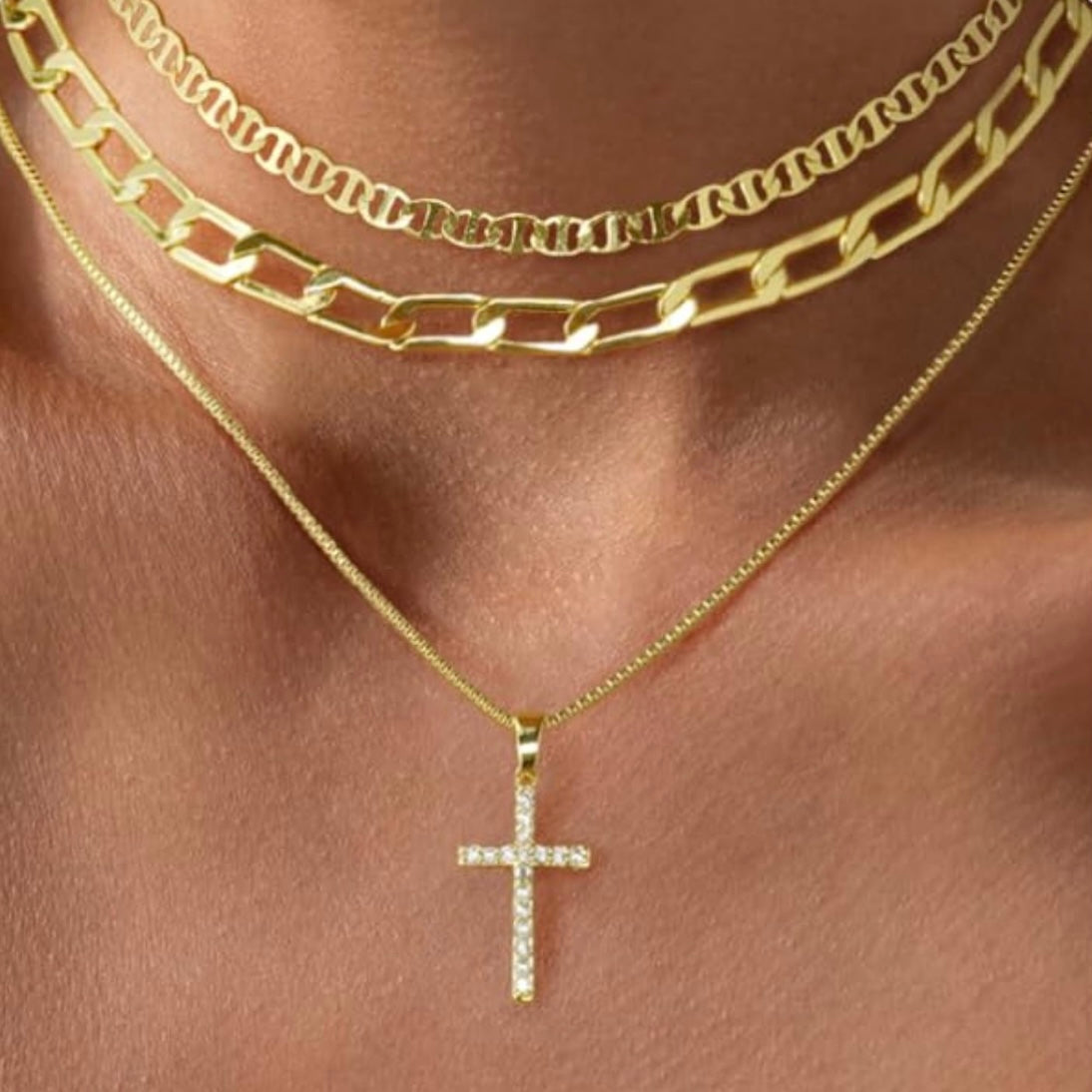 Fashionable Multi-Layered Gold Chain Necklace with Cross”