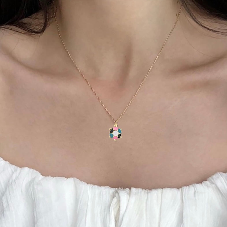 Gold Turtle Pendant Necklace – Vibrant Colors, 10K Triple Gold Plated, 16”+2” Chain