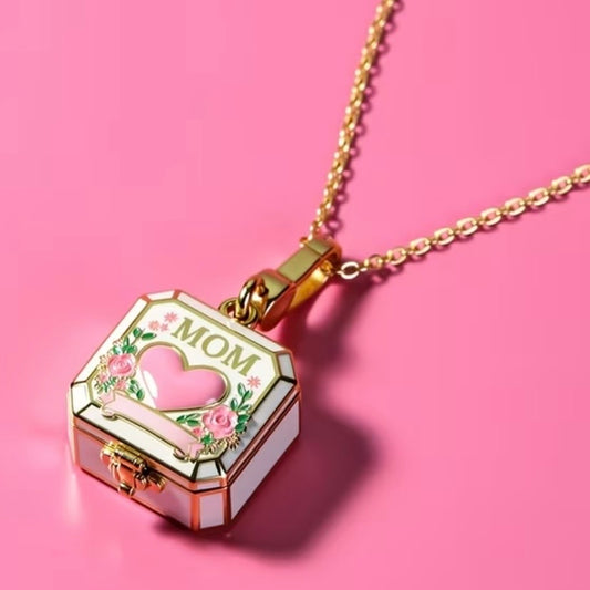 Gold Mom Gift Box Necklace – Pink Heart Locket Pendant for Mother’s Day, Birthdays Or Just Because