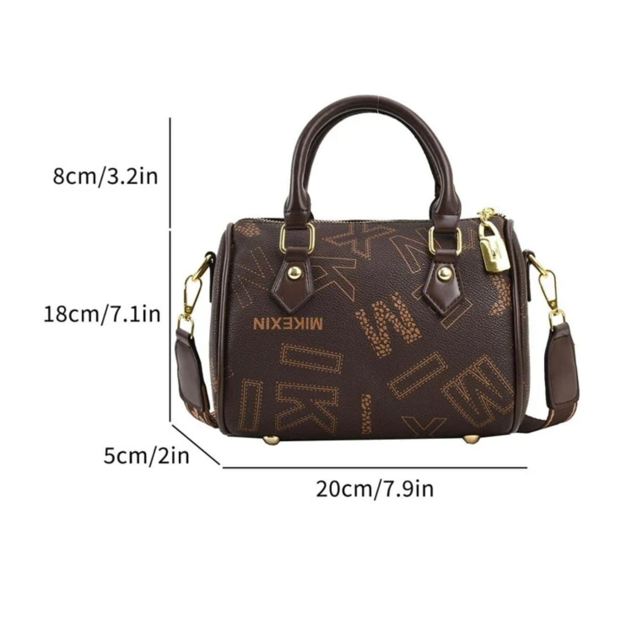 Designer leather vintage cross body adjustable coffee brown handbag with zipper gold accents and letter pattern style considered a “Boston bag” comes with a long adjustable removable matching straps and handles for adjustable convenience. This bag is only available at LadiesNGentz.com and also At  Facetreasures Boutique at facetreasures.com debut for the first time on LadiesNgentz on Black Friday November 2023