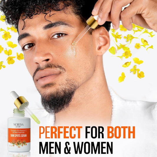 Man trying the Tumeric all natural dark spot serum that’s made for all skin type and both men & woman alike.