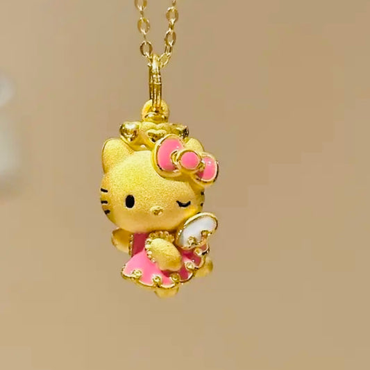 Hello Kitty 24K Gold Plated Pendant Necklace - 17" Cable Chain, Pink Bow & Heart