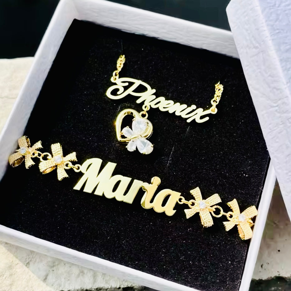 14K Gold Vermeil Custom Name Necklace & Bracelet Set | CZ Bow Charm Jewelry