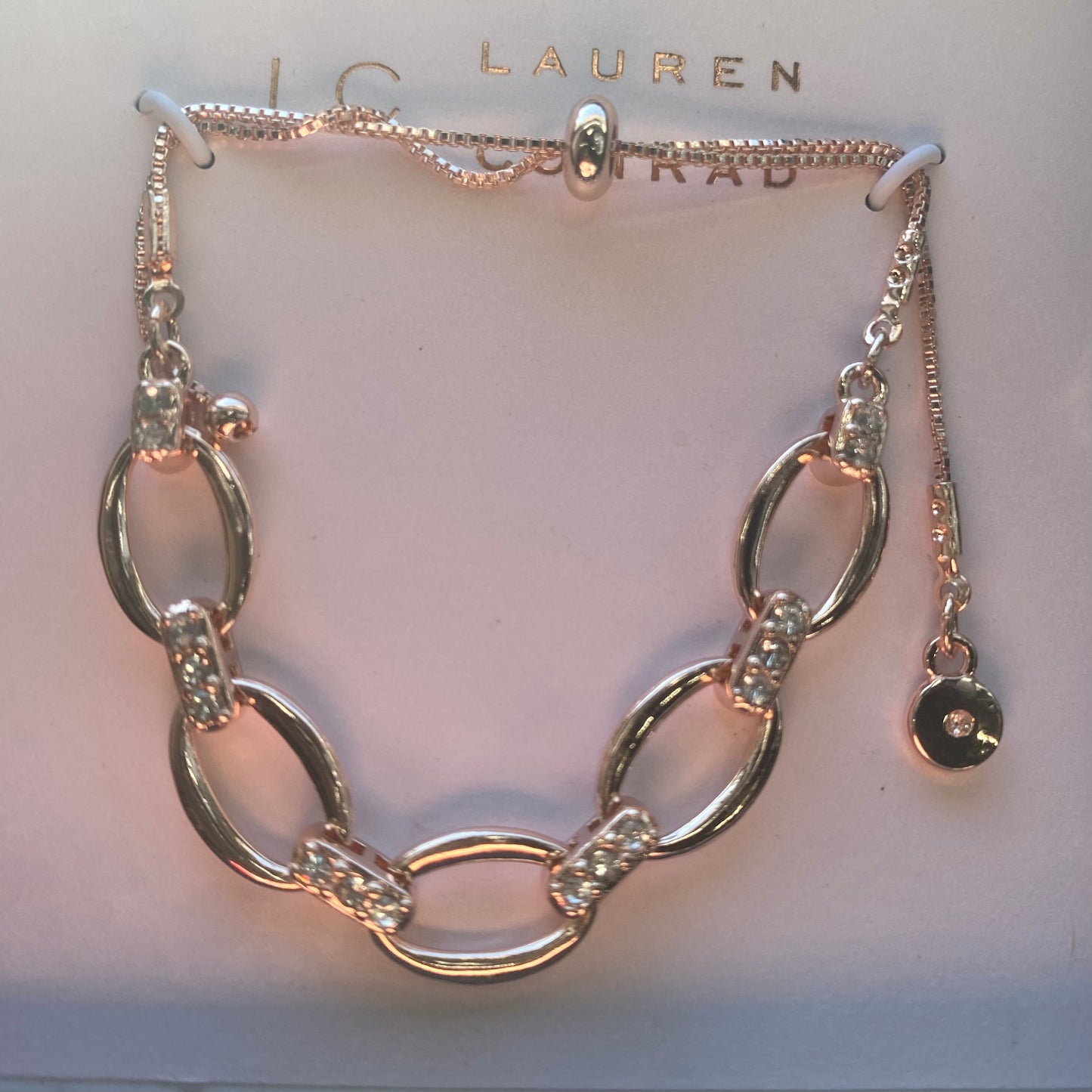 Lauren Conrad Pulsera de eslabones con incrustaciones de cristal de oro rosa de 14 k, excelente regalo para ella, mamá, esposa, hermana, compañera de trabajo