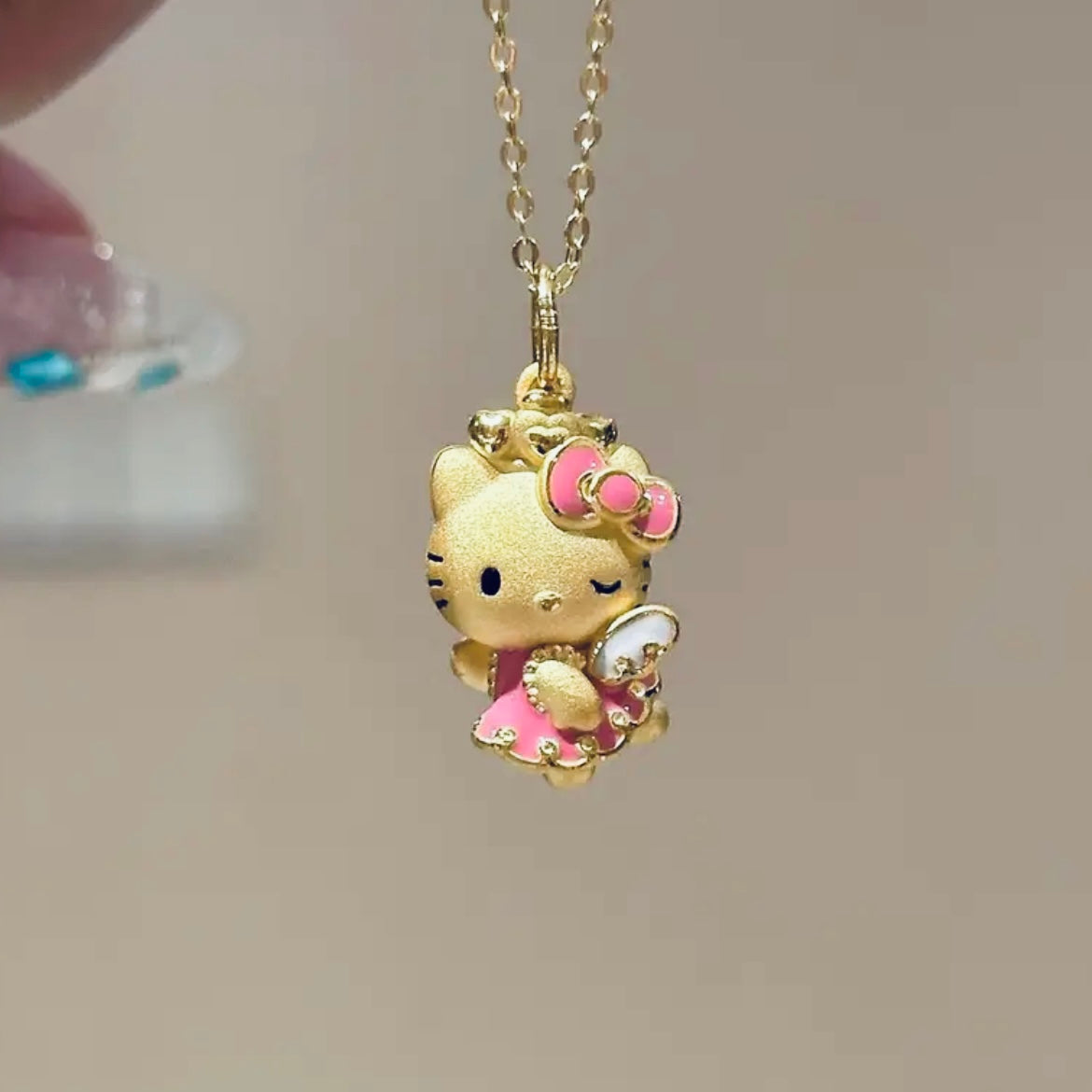 Hello Kitty 24K Gold Plated Pendant Necklace - 17" Cable Chain, Pink Bow & Heart