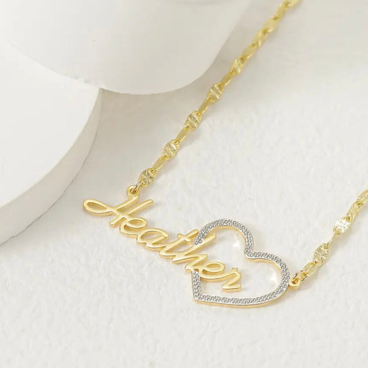 Colgante con nombre personalizado en forma de corazón de dos tonos en oro vermeil de 10 k y plata de ley con collar a juego