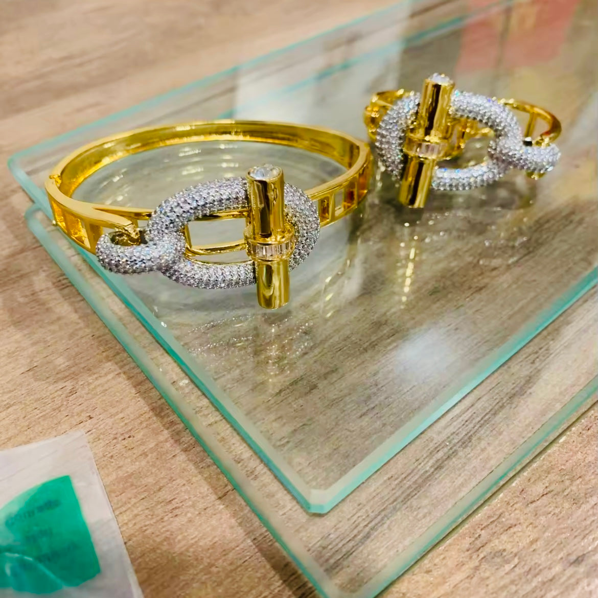 Elegant 10k Gold and Silver Buckle Bracelet & Matching Adjustable Double Finger Buckle Ring Set - Unique Intertwined Design