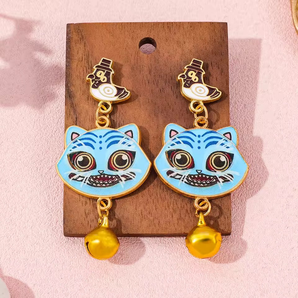 Kawaii Maneki‑Neko Lucky Cat Bell Earrings – Blue Fortune Cat Dangle Jewelry, Anime-Inspired Statement Earrings