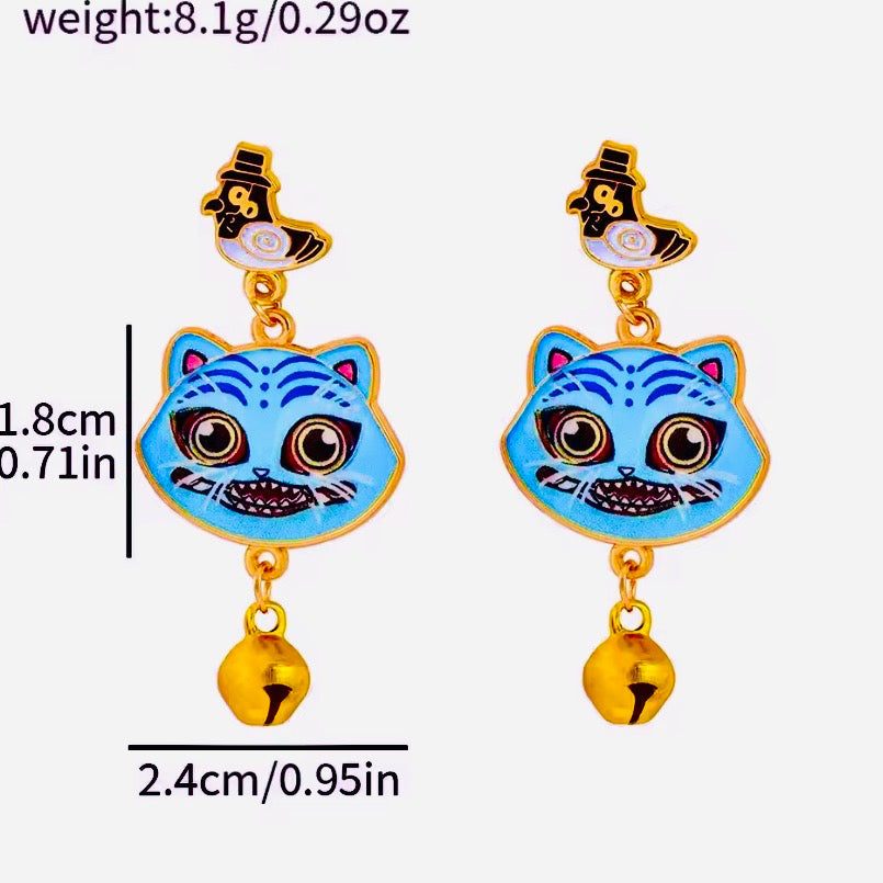 Kawaii Maneki‑Neko Lucky Cat Bell Earrings – Blue Fortune Cat Dangle Jewelry, Anime-Inspired Statement Earrings