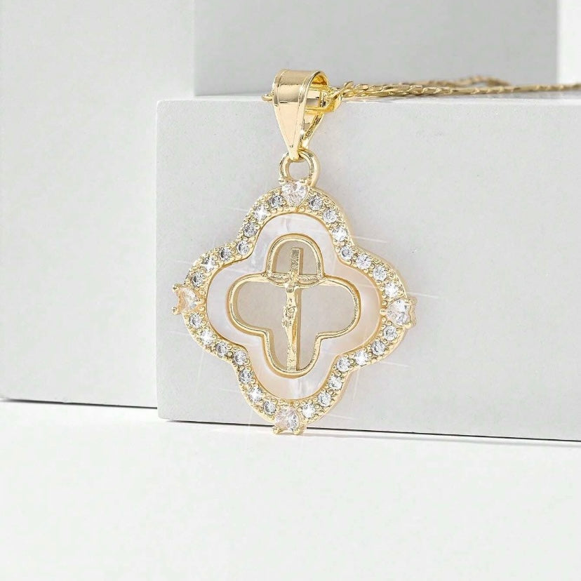 14k Vermeil Gold Cross Necklace with Mother of Pearl Shell & Crystal Studded Accents