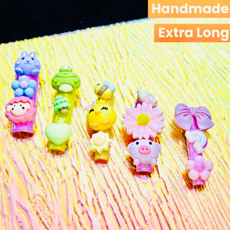 Kawaii Characters Professional Multi-color Handcrafted Press On Nails, Reusable 12 Times.