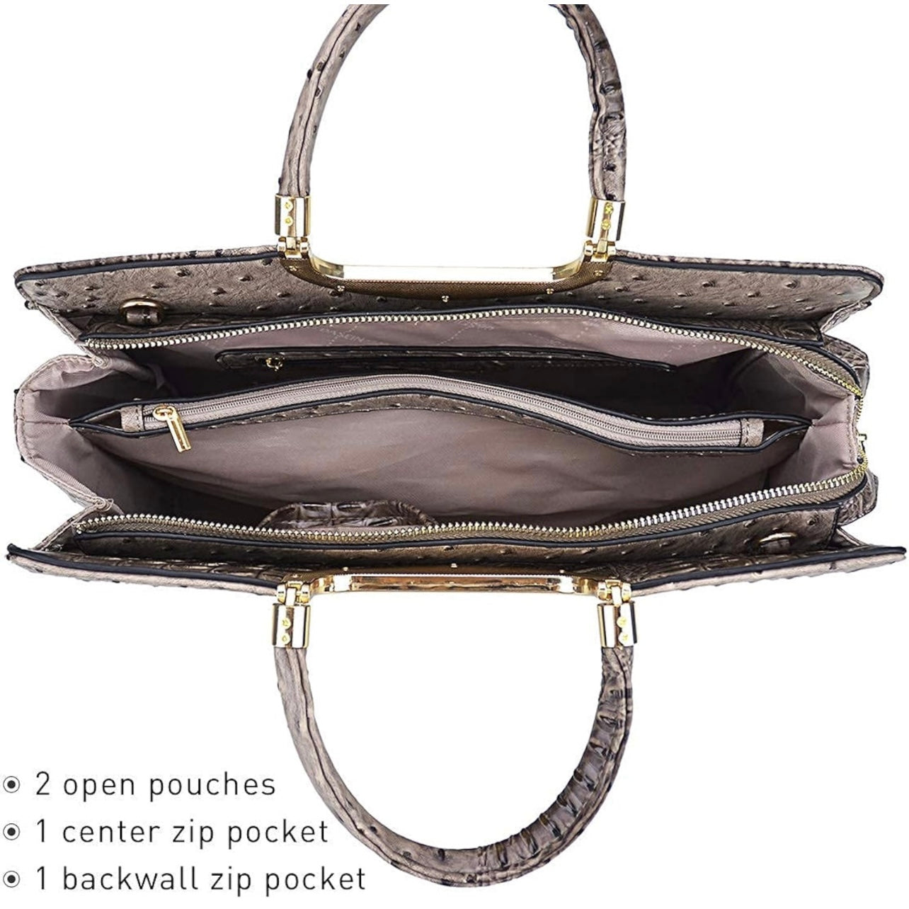 Ostrich vegan leather handbag with a tan and dark brown crocodile embossed feel and design with shiny gold accents, adjustable strap and a matching wallet wristlet for ladies. Only found and available for purchase at Facetreasures Boutique and LadiesNGentz.com