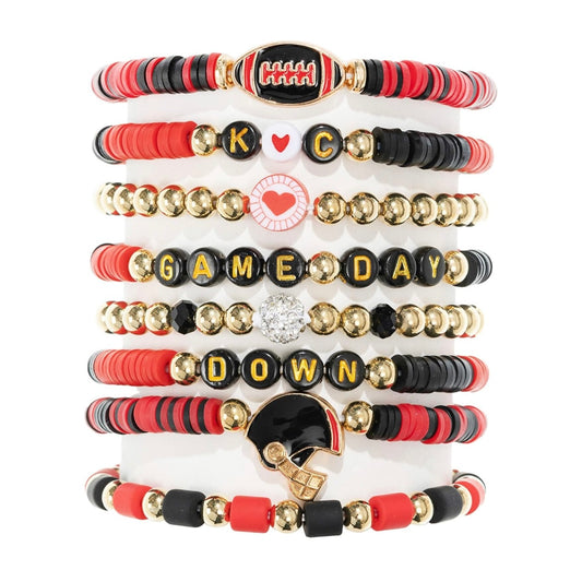 KC GameDay Red, Black, Gold CZ 8 Piece beaded Friendship Bracelet Set