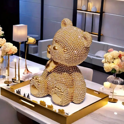 Handcrafted Teddy Bear w/ Mirror Shiny Beads & Bow - Gold & Silver Luxury Decor & Gift