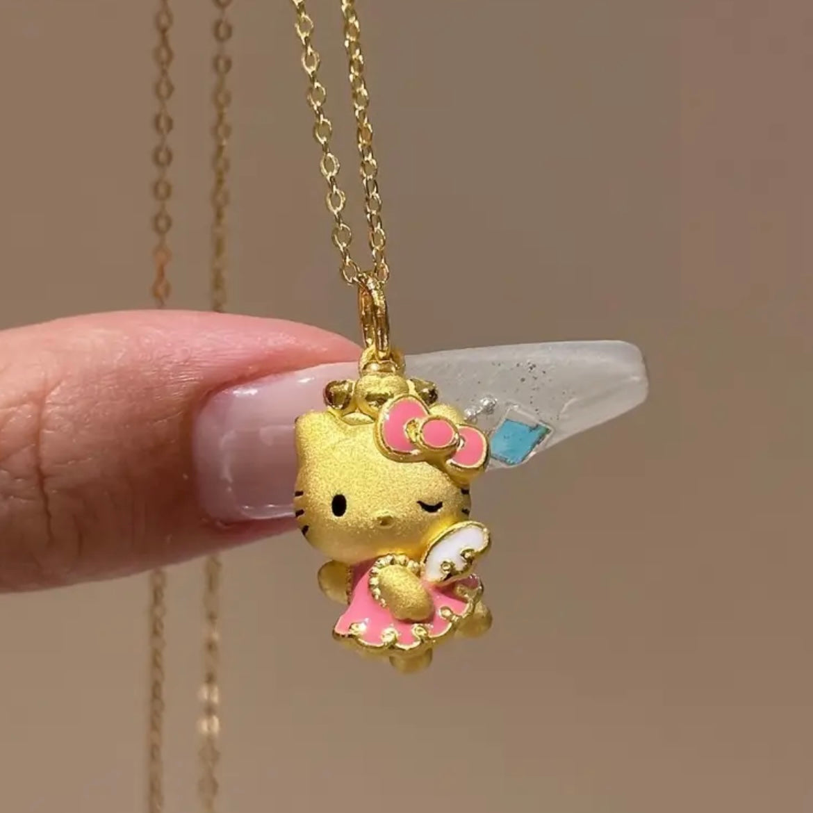 Hello Kitty 24K Gold Plated Pendant Necklace - 17" Cable Chain, Pink Bow & Heart