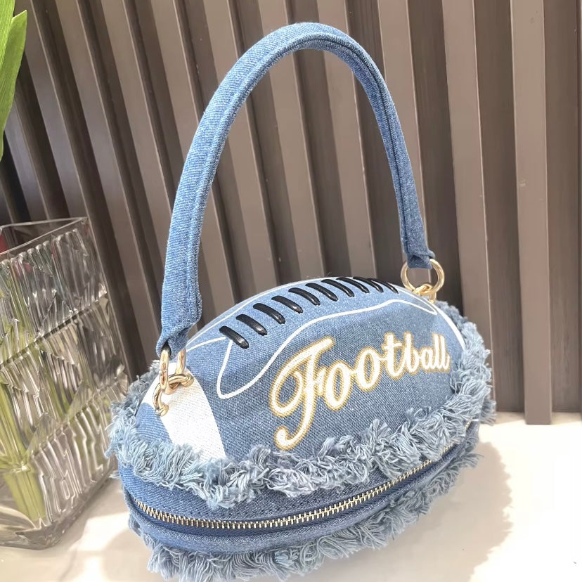 Denim Light Blue Football Handbag - Trendy Sports-Inspired Accessory