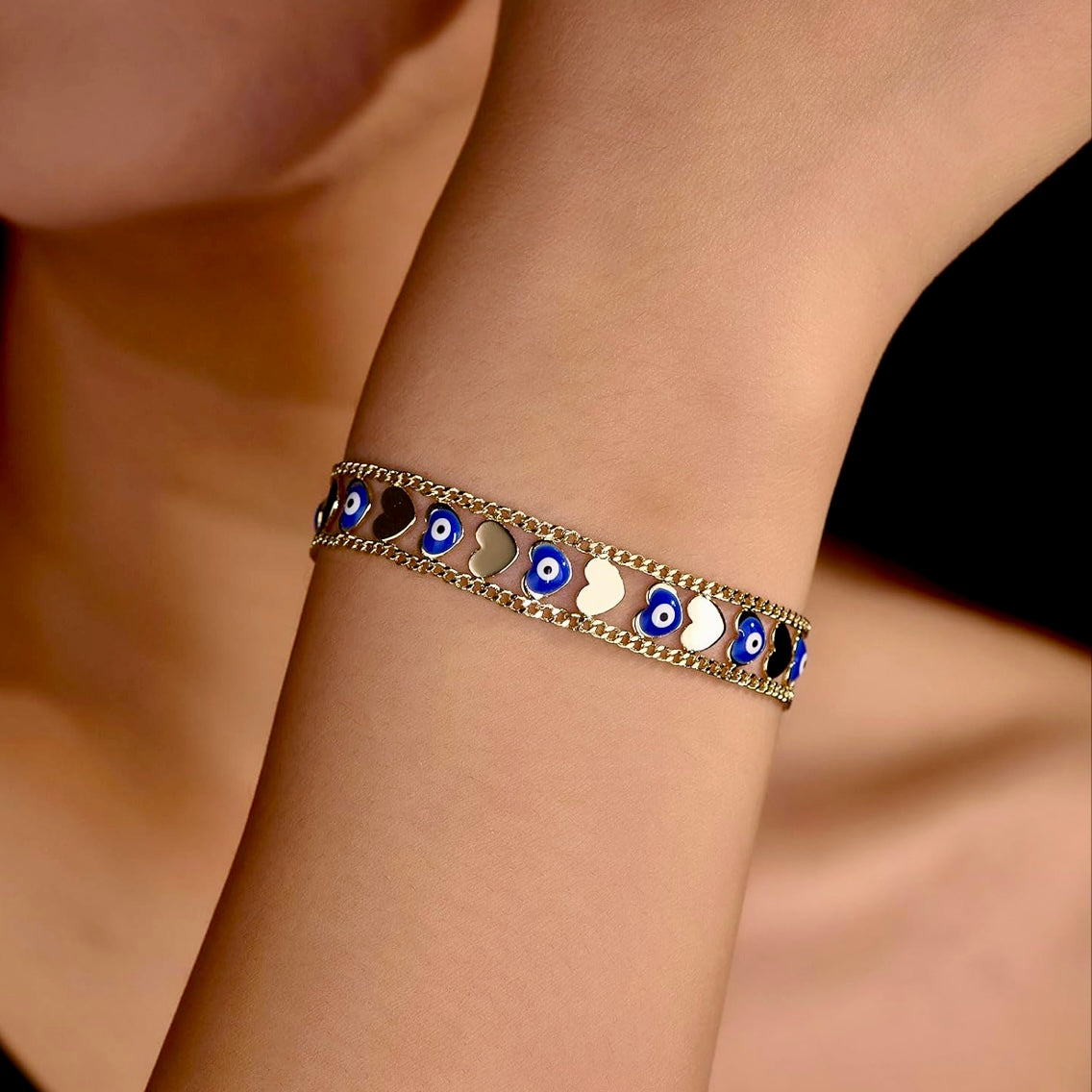 Evil Eye Heart Gold Chain Link Adjustable Hypoallergenic Bracelet, Good Positive Energy, Fortune