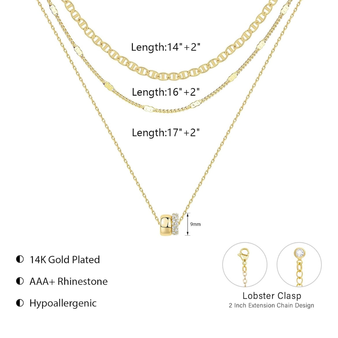 Layered 14k Vermeil Gold CZ Pendant Necklace Set - Choker, Beads, and Diamond Pendant for All Occasions