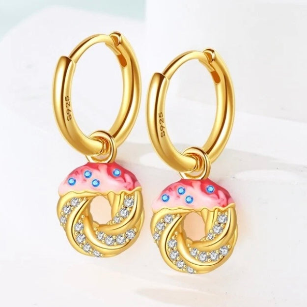 Tricolor Enamel Donut Hoop Dangle Earrings 10k Vermeil Gold with