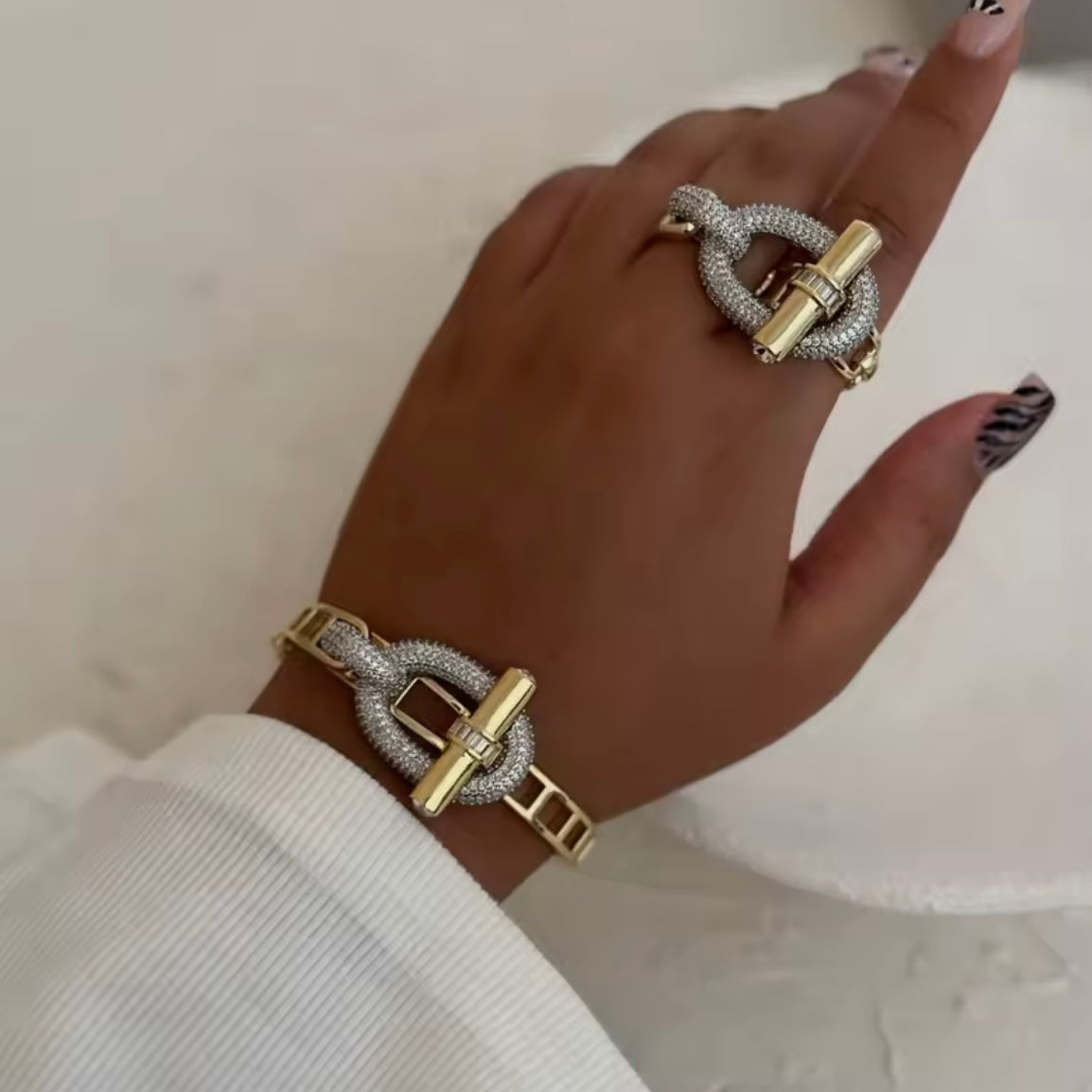 Elegant 10k Gold and Silver Buckle Bracelet & Matching Adjustable Double Finger Buckle Ring Set - Unique Intertwined Design