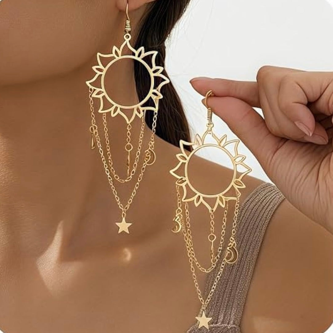 Sun star moon gold hypoallergenic dangle earrings