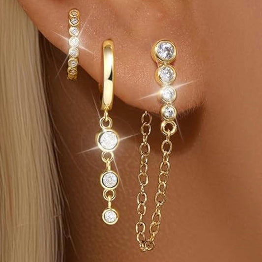Gold Ear Stack Set – Dainty Hoop & Chain Earrings with CZ Gemstones | Ear Party, Ladies Pierced Jewelry