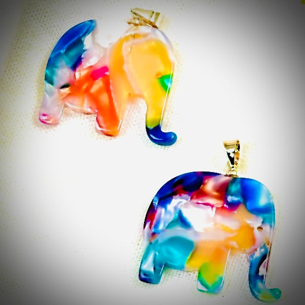 Enchanting Lucky 100% Jade Stone & Peal Shell Multi Color Hand Carved Elephant Pendant w/ Choice Of Matching 10k Gold Or Silver Water Wave Necklace