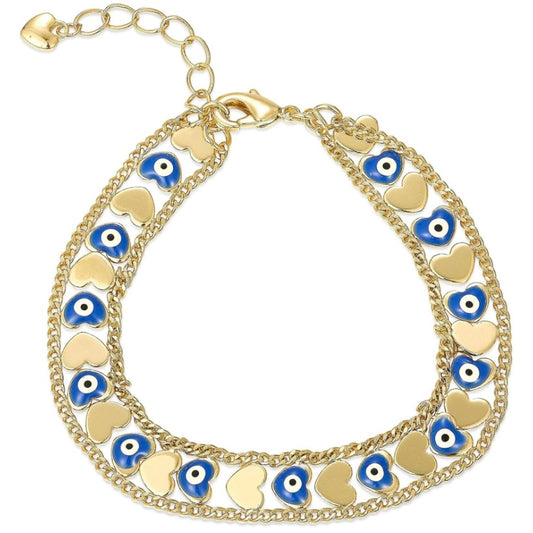 Evil Eye Heart Gold Chain Link Adjustable Hypoallergenic Bracelet, Good Positive Energy, Fortune